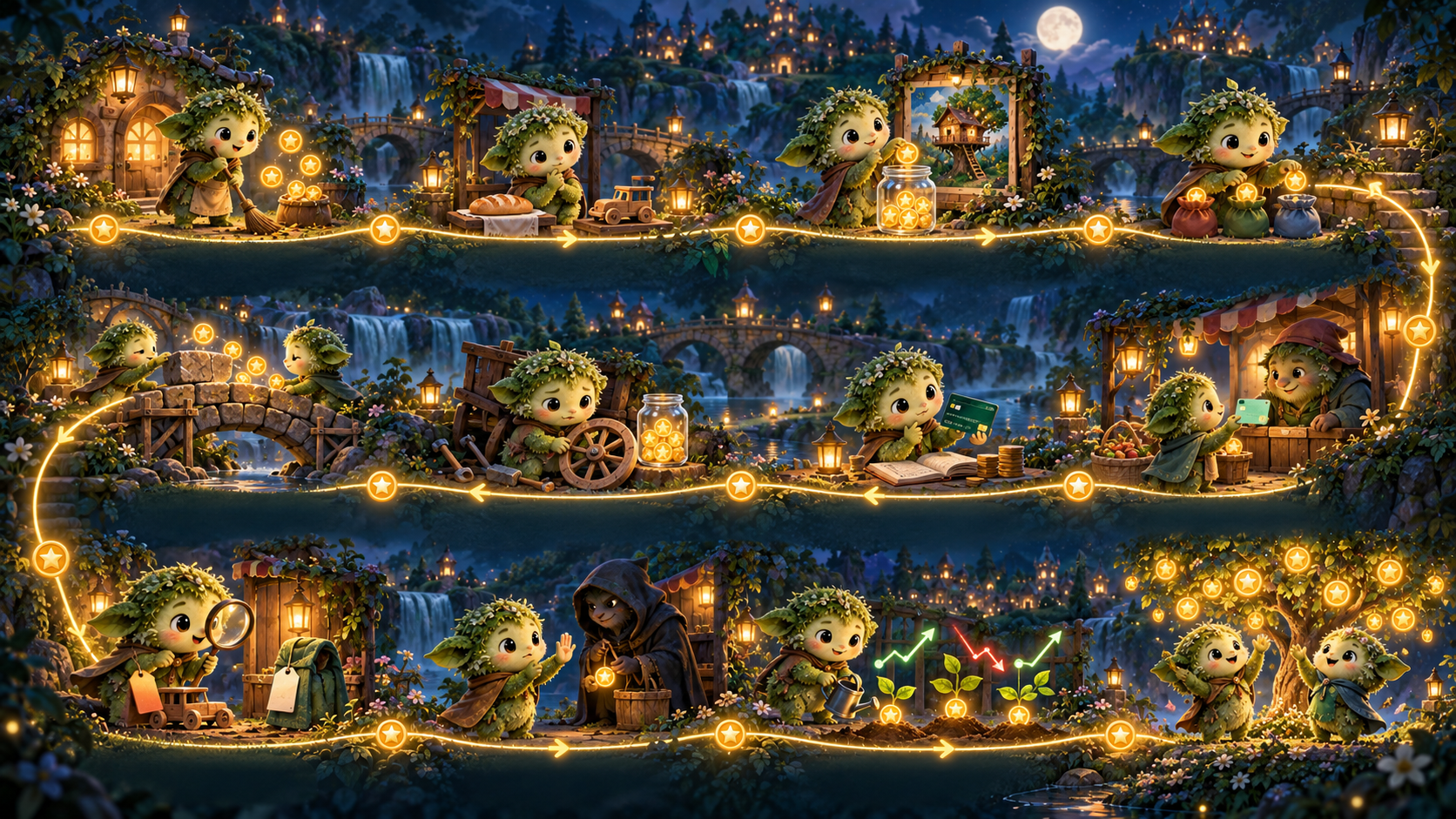 Twelve character scenes connected in order by one golden trail, from earning and saving to safer spending and investing.